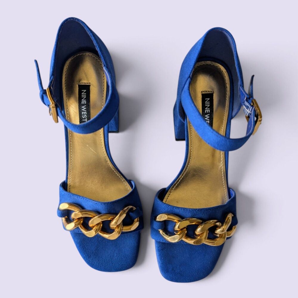 Nine West Jerri Blue Gold Chain Block Heel Ankle Strap Sandals 6.5M